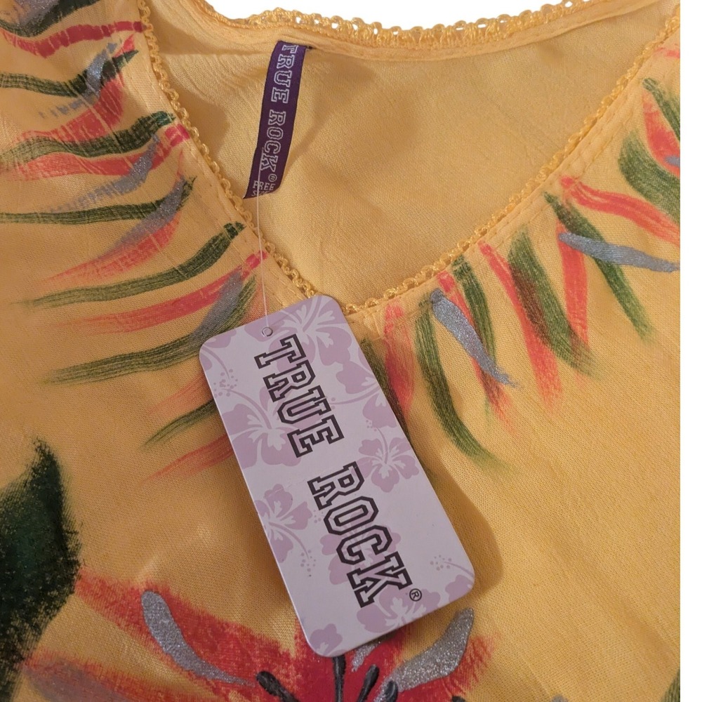 True Rock Tropical Hand Painted Ombre Handkerchief Hem Midi Dress Yellow Orange - Picture 4 of 6